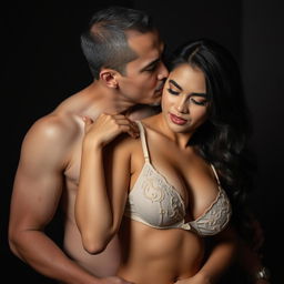 A 37-year-old Indonesian man with pure white skin is hugging a beautiful 28-year-old woman with a sturdy and sexy body from behind, combining affection with a hint of intimidation