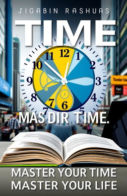 A visually captivating cover for a time management book targeted at adults, featuring a stylish clock design that incorporates vibrant colors like deep blue, bright yellow, and subtle grey accents
