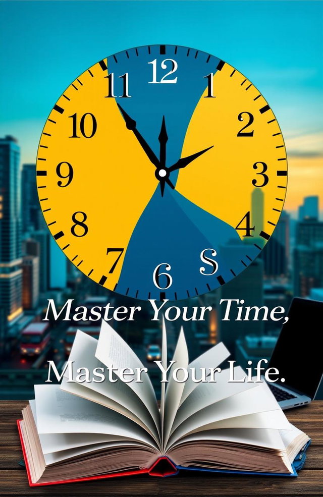 A visually captivating cover for a time management book targeted at adults, featuring a stylish clock design that incorporates vibrant colors like deep blue, bright yellow, and subtle grey accents