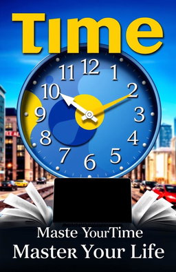 A visually captivating cover for a time management book targeted at adults, featuring a stylish clock design that incorporates vibrant colors like deep blue, bright yellow, and subtle grey accents