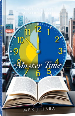 A visually captivating cover for a time management book targeted at adults, featuring a stylish clock design that incorporates vibrant colors like deep blue, bright yellow, and subtle grey accents