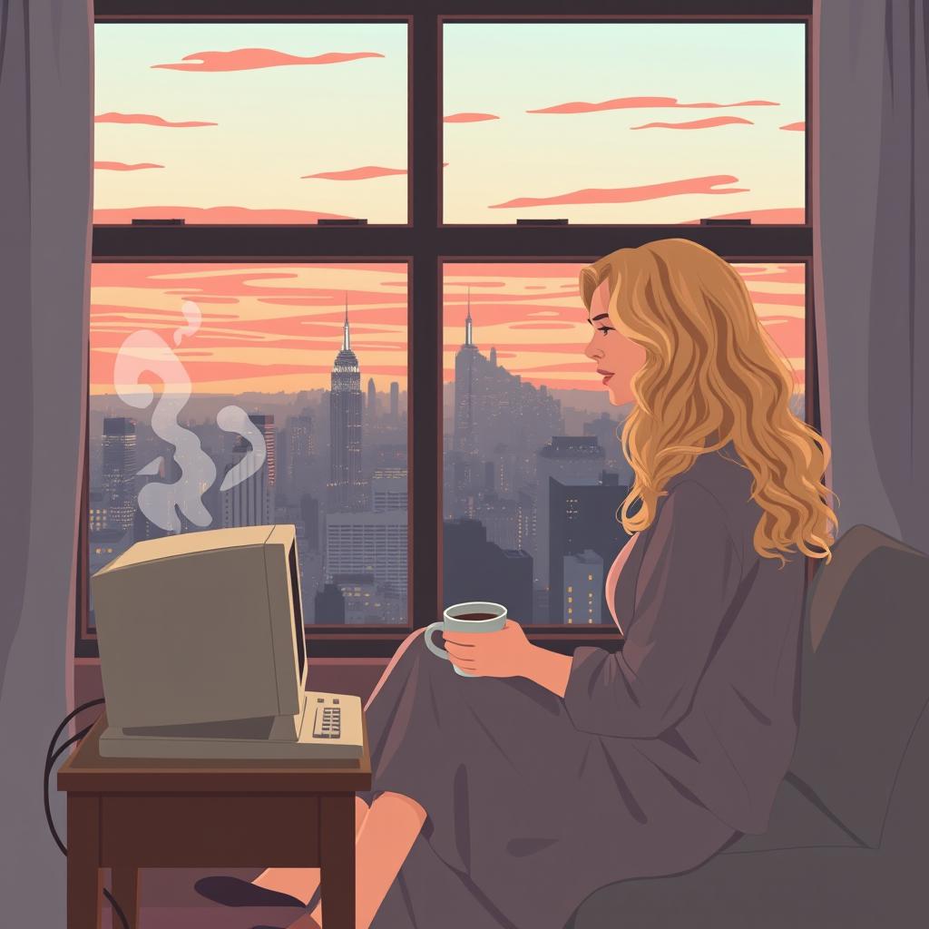 A cozy, lighthearted book cover design in vector art style featuring a young woman inspired by Carrie Bradshaw, a 21-year-old blonde with long, curly hair, sitting by her apartment window
