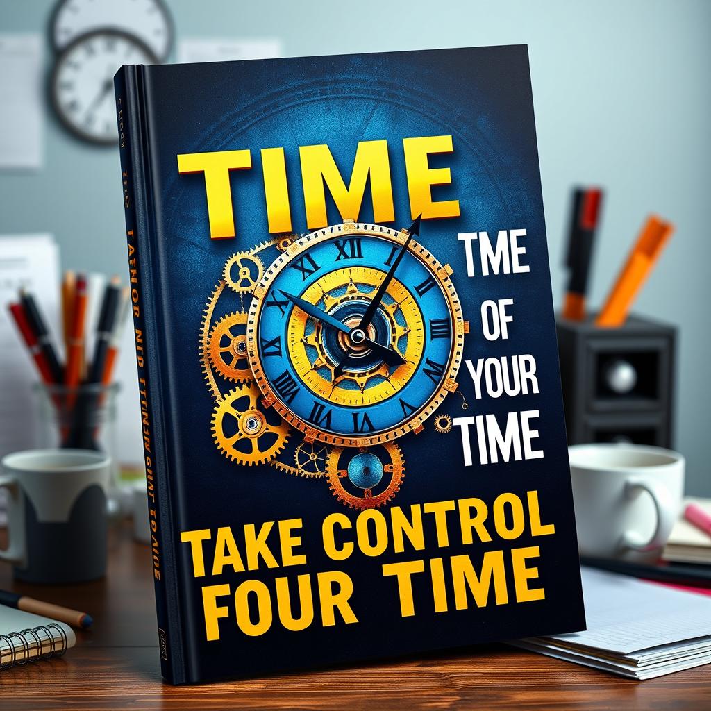 A visually captivating cover for a time management book aimed at adults, featuring a stylish clock design with intricate gears and vibrant colors like deep blue and gold