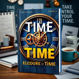 A visually captivating cover for a time management book aimed at adults, featuring a stylish clock design with intricate gears and vibrant colors like deep blue and gold