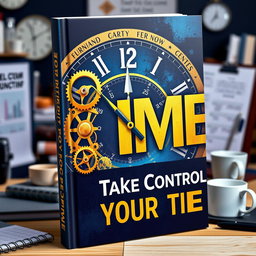 A visually captivating cover for a time management book aimed at adults, featuring a stylish clock design with intricate gears and vibrant colors like deep blue and gold