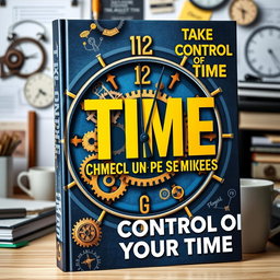 A visually captivating cover for a time management book aimed at adults, featuring a stylish clock design with intricate gears and vibrant colors like deep blue and gold