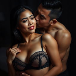 A 37-year-old Indonesian man with pure white skin is hugging a beautiful 28-year-old woman with a sturdy and sexy body from behind, portraying both affection and a hint of intimidation