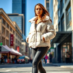 A confident and attractive woman dressed in stylish leggings and a trendy puffer jacket, confidently strutting down a city street