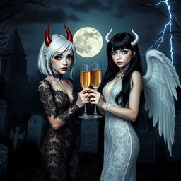 A captivating scene featuring two beautiful, stunning 18-year-old girls in a mystical midnight cemetery