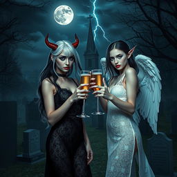 A captivating scene featuring two beautiful, stunning 18-year-old girls in a mystical midnight cemetery