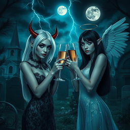 A captivating scene featuring two beautiful, stunning 18-year-old girls in a mystical midnight cemetery