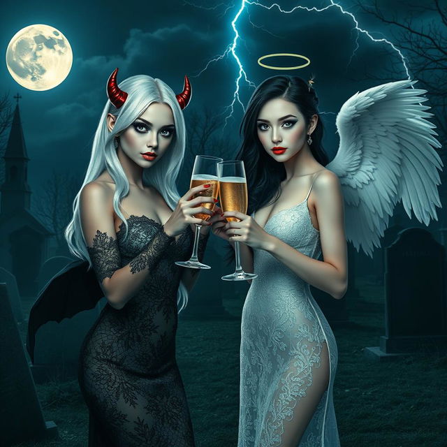 A captivating scene featuring two beautiful, stunning 18-year-old girls in a mystical midnight cemetery