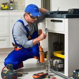 A dedicated plumber, dressed in work attire, using his tools to diligently fix a leaking pipe within a residential setting.