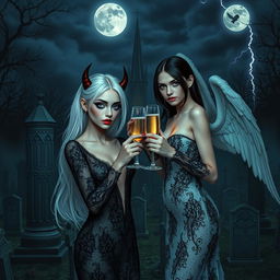 A mesmerizing scene featuring two stunning 18-year-old girls in a mystical midnight cemetery