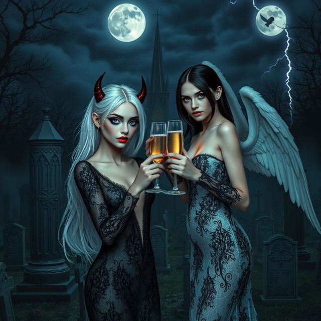 A mesmerizing scene featuring two stunning 18-year-old girls in a mystical midnight cemetery