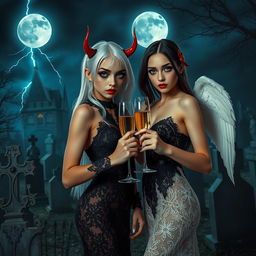 A mesmerizing scene featuring two stunning 18-year-old girls in a mystical midnight cemetery