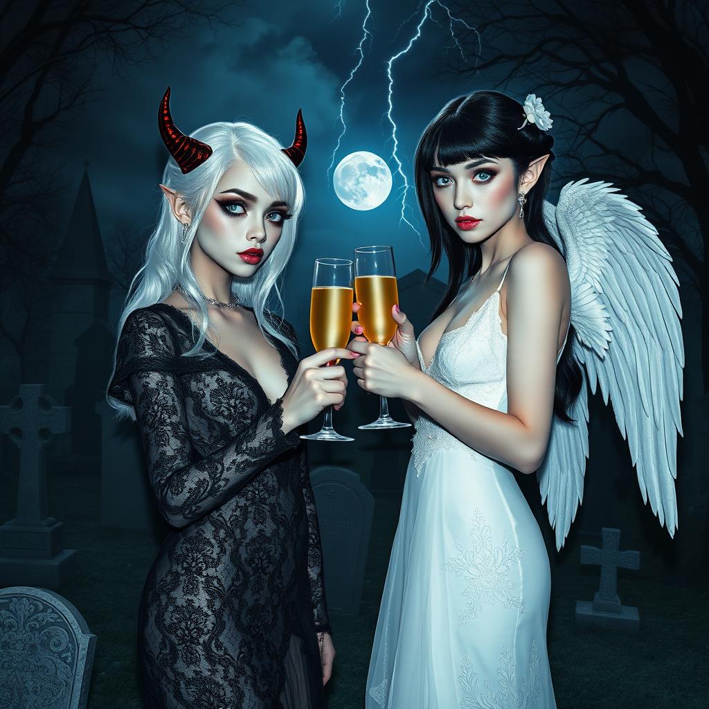A mesmerizing scene featuring two stunning 18-year-old girls in a mystical midnight cemetery