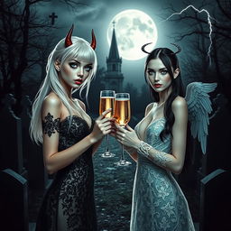 A mesmerizing scene featuring two stunning 18-year-old girls in a mystical midnight cemetery