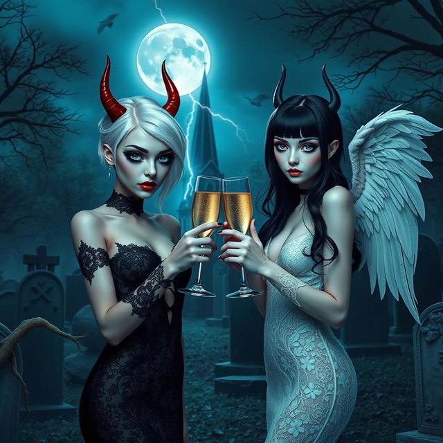 A visually stunning scene depicting two beautiful, captivating 18-year-old girls in an enchanting midnight cemetery