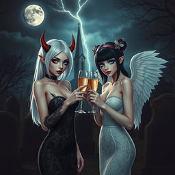 A visually stunning scene depicting two beautiful, captivating 18-year-old girls in an enchanting midnight cemetery