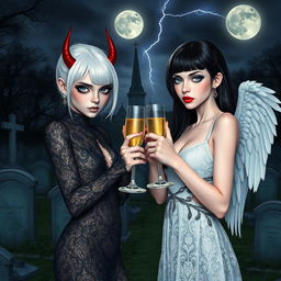 A visually stunning scene depicting two beautiful, captivating 18-year-old girls in an enchanting midnight cemetery