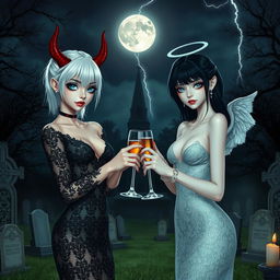 A visually stunning scene depicting two beautiful, captivating 18-year-old girls in an enchanting midnight cemetery