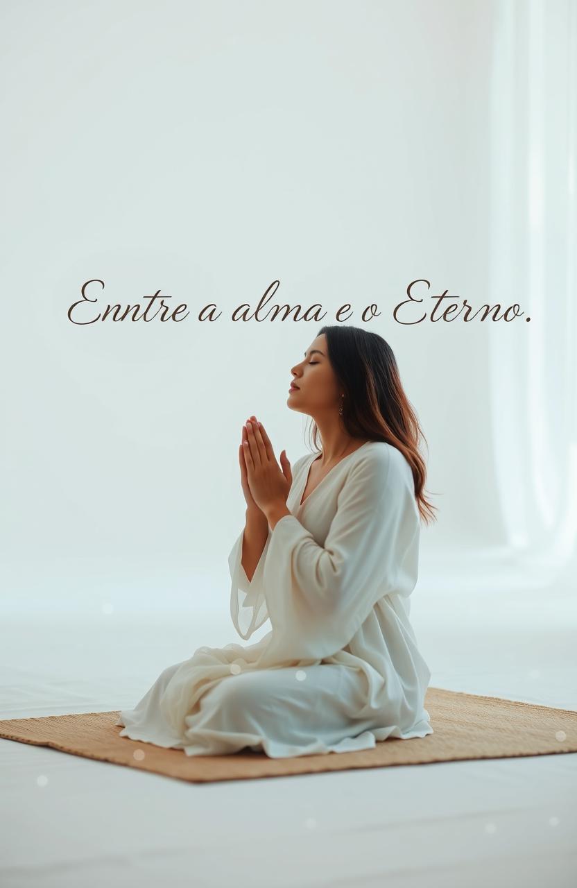 A serene, minimalist scene featuring a woman in a meditative pose, praying quietly