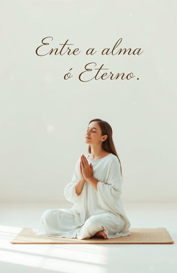 A serene, minimalist scene featuring a woman in a meditative pose, praying quietly