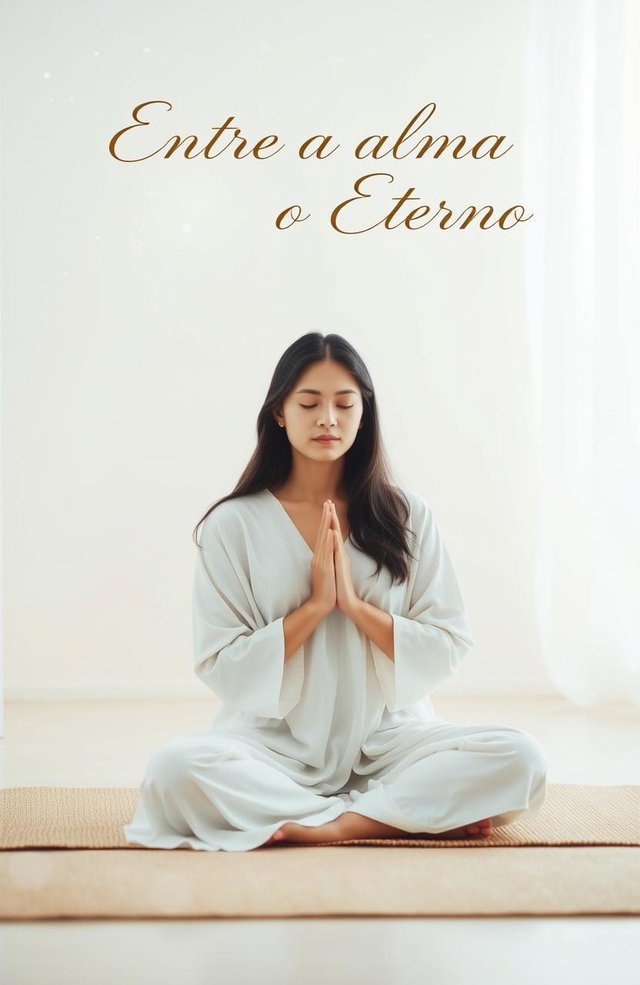A serene, minimalist scene featuring a woman in a meditative pose, praying quietly