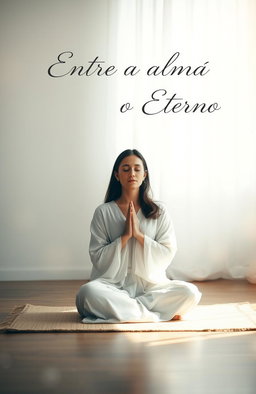 A serene, minimalist scene featuring a woman in a meditative pose, praying quietly