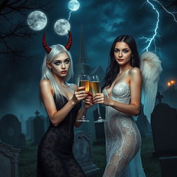 An enchanting scene featuring two stunning 18-year-old girls in a mystical cemetery at midnight