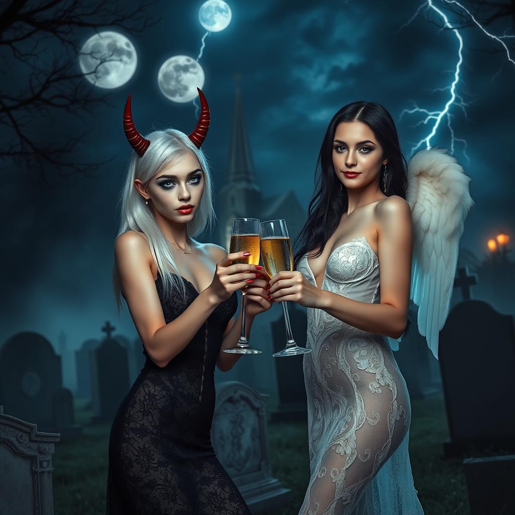 An enchanting scene featuring two stunning 18-year-old girls in a mystical cemetery at midnight