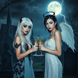 An enchanting scene featuring two stunning 18-year-old girls in a mystical cemetery at midnight