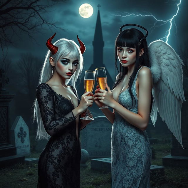 An enchanting scene featuring two stunning 18-year-old girls in a mystical cemetery at midnight