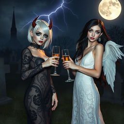 An enchanting and dramatic scene featuring two stunning 18-year-old girls in a mystical cemetery at midnight