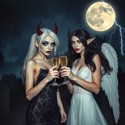 An enchanting and dramatic scene featuring two stunning 18-year-old girls in a mystical cemetery at midnight