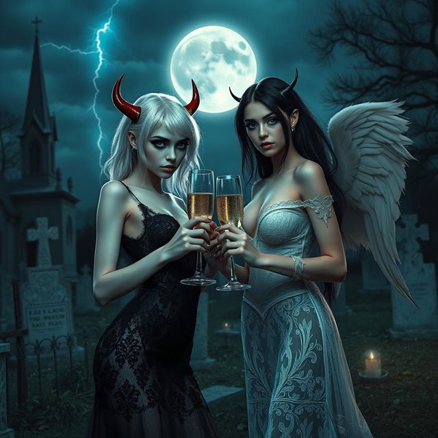 An enchanting and dramatic scene featuring two stunning 18-year-old girls in a mystical cemetery at midnight