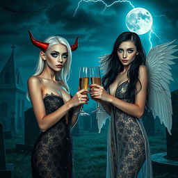 An enchanting and dramatic scene featuring two stunning 18-year-old girls in a mystical cemetery at midnight