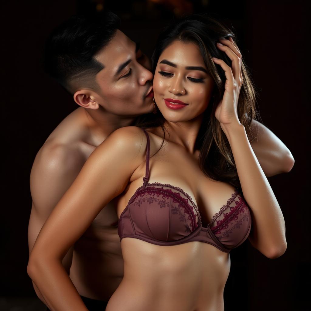 A 37-year-old Indonesian man with pure white skin is tenderly hugging a beautiful 28-year-old woman with a sturdy and sexy body from behind