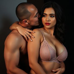 A 37-year-old Indonesian man with pure white skin is tenderly hugging a beautiful 28-year-old woman with a sturdy and sexy body from behind