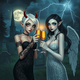 A mesmerizing scene of two stunning 18-year-old girls in a mystical cemetery at midnight