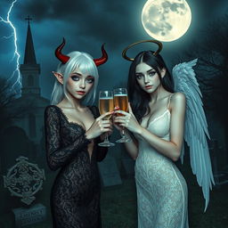 A mesmerizing scene of two stunning 18-year-old girls in a mystical cemetery at midnight