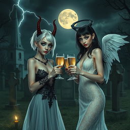 A mesmerizing scene of two stunning 18-year-old girls in a mystical cemetery at midnight