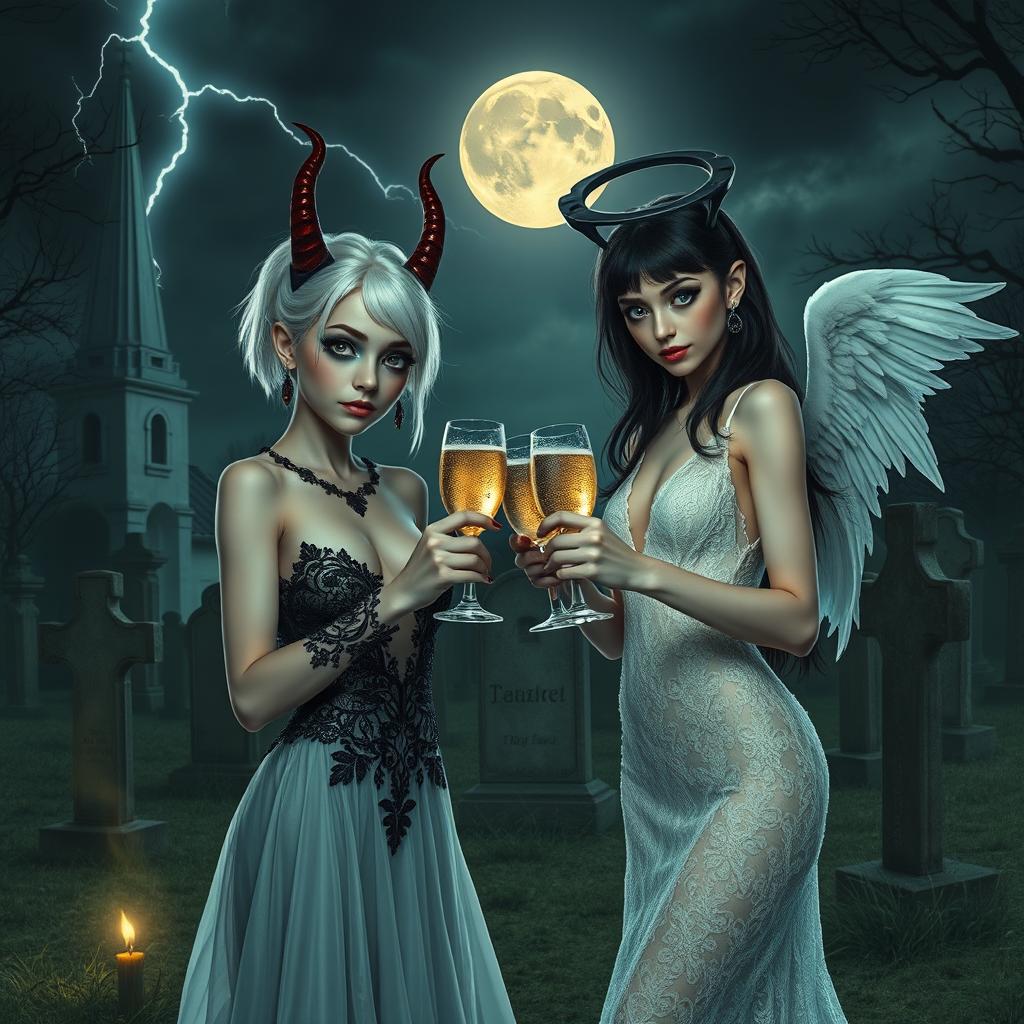 A mesmerizing scene of two stunning 18-year-old girls in a mystical cemetery at midnight