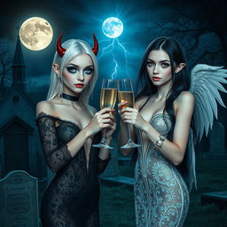 A mesmerizing scene of two stunning 18-year-old girls in a mystical cemetery at midnight
