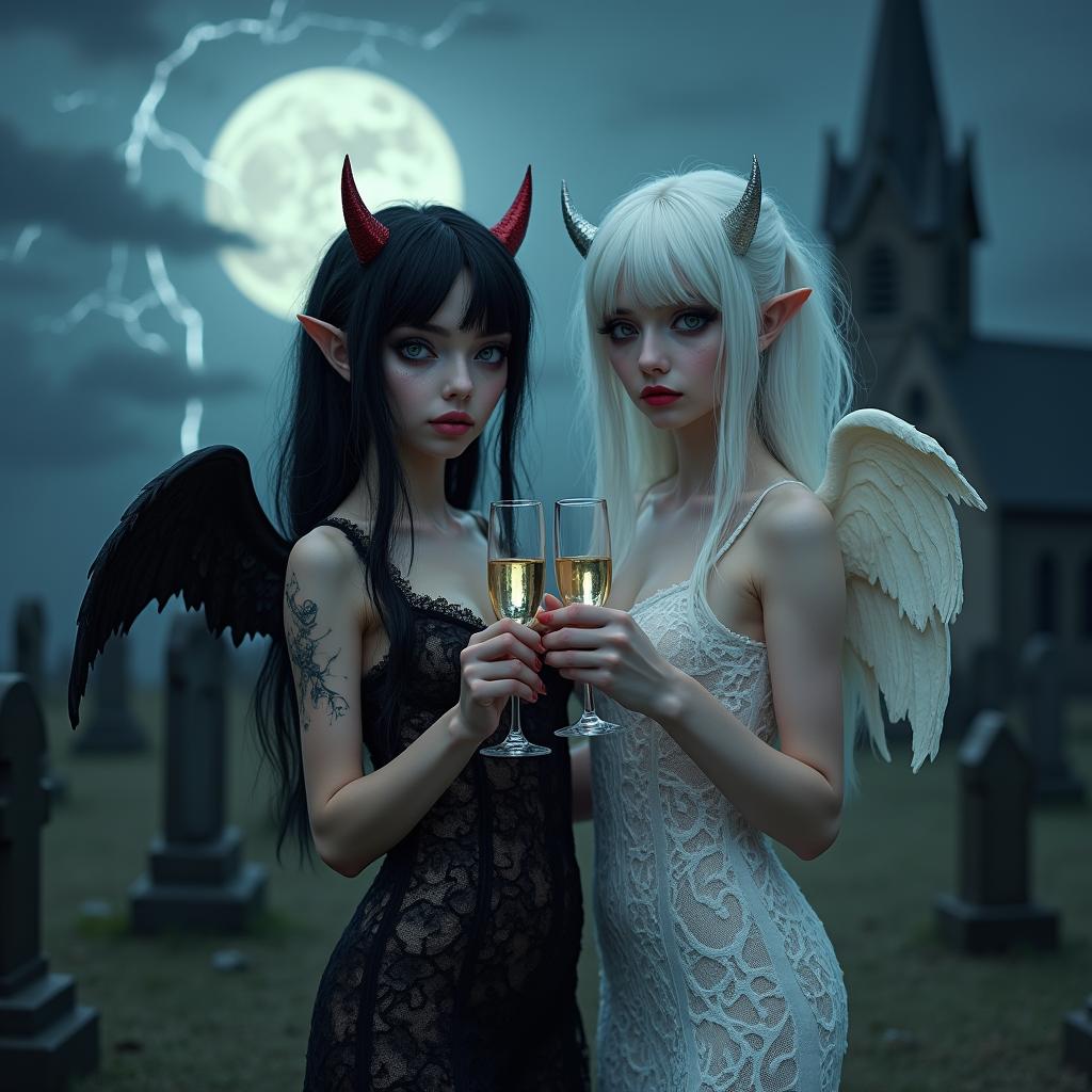 A very beautiful, attractive, stunning girl with a thin face and white hair, adorned with small red devil horns, dressed in a tight, low-cut long black lace gown