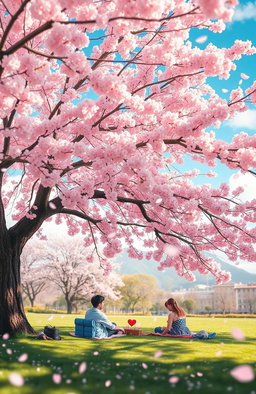 A serene scene depicting a beautiful Sakura tree in full bloom, its delicate pink flowers creating a canopy of blossoms