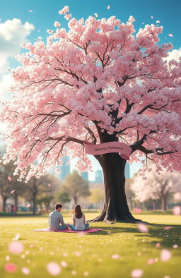 A serene scene depicting a beautiful Sakura tree in full bloom, its delicate pink flowers creating a canopy of blossoms