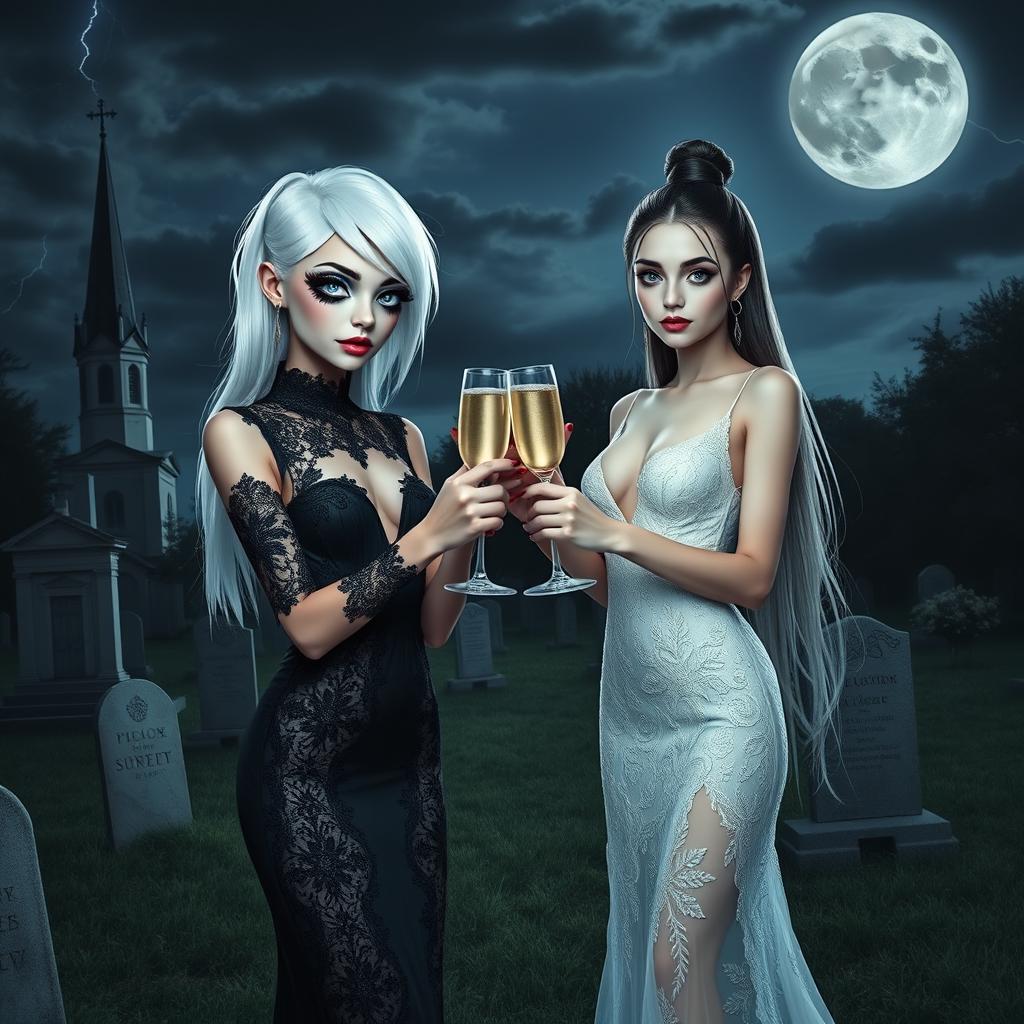 A very beautiful, attractive, stunning girl with a thin face and white hair, dressed in a tight, low-cut long black lace gown