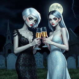 A very beautiful, attractive, stunning girl with a thin face and white hair, dressed in a tight, low-cut long black lace gown